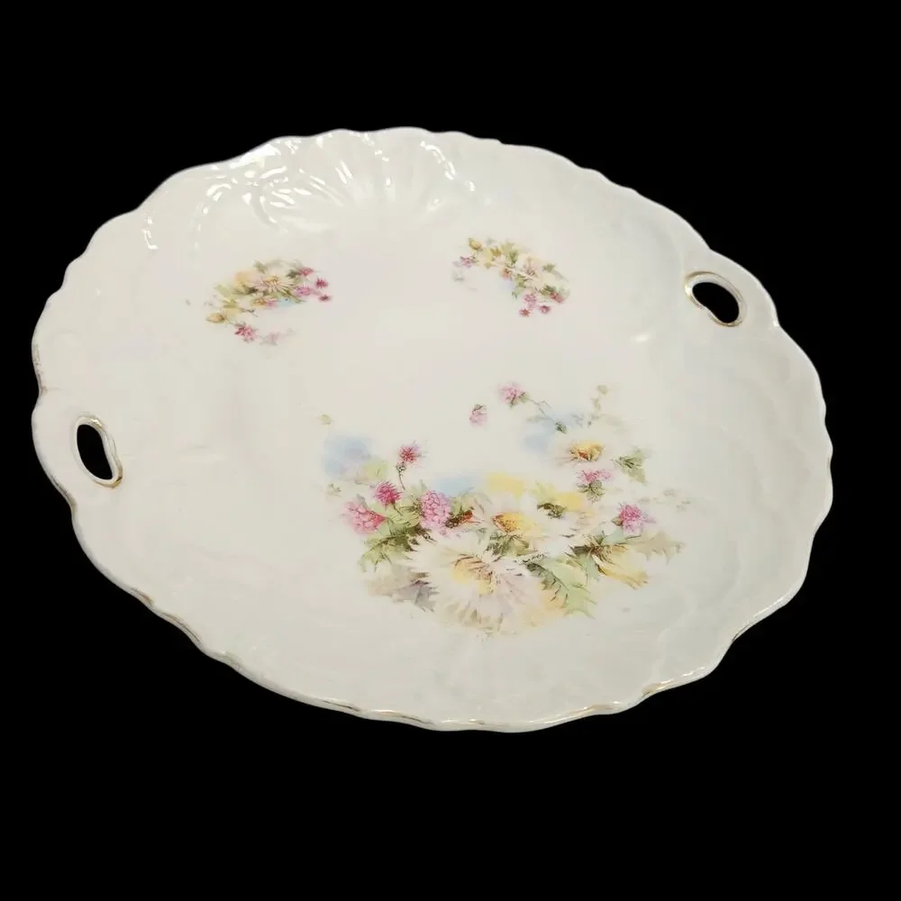 Vintage Floral Porcelain Cake Plate Handles Gold Trim Scalloped Edge